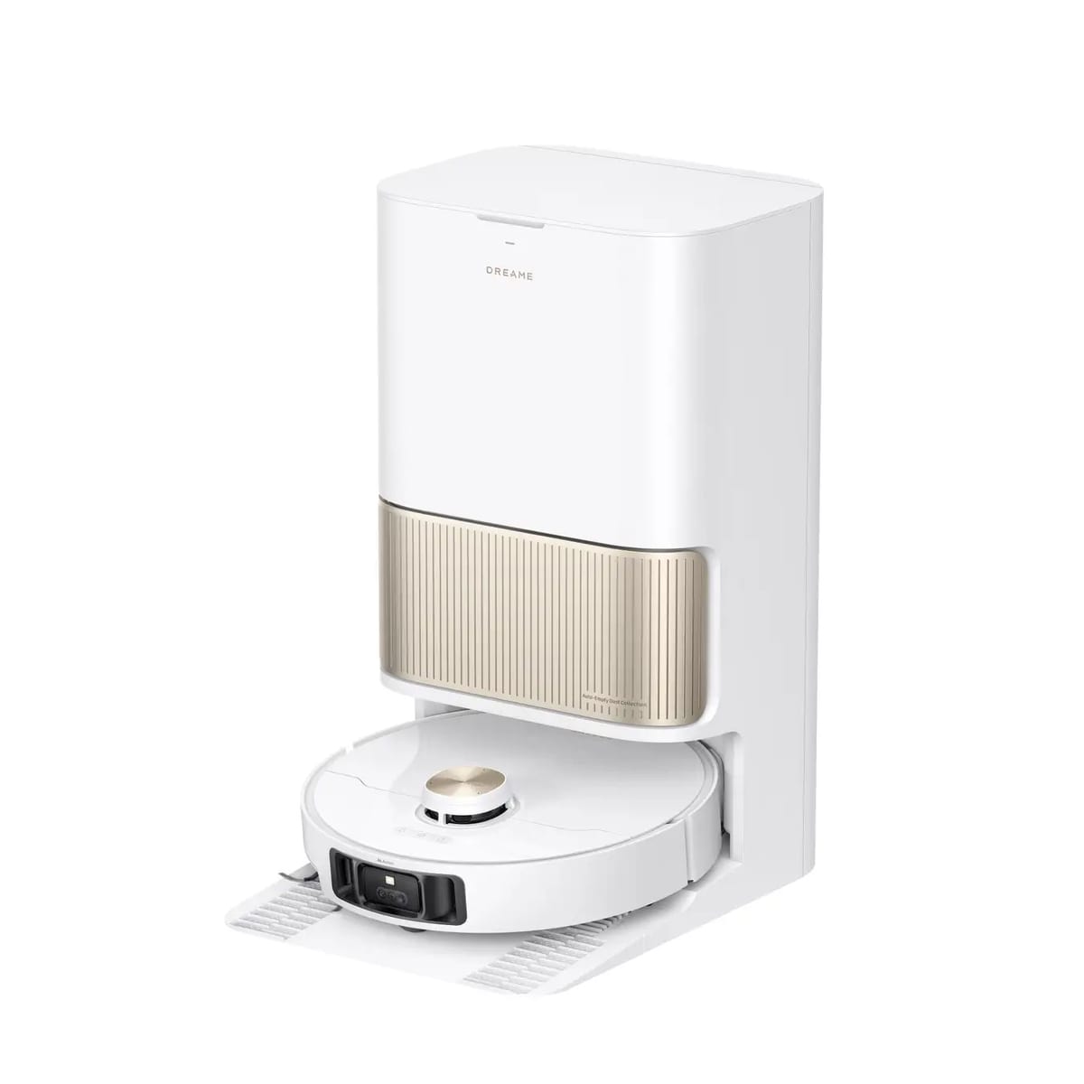 Dreame L40s Pro Ultra blanc et doré, avec son robot posé dans la station.