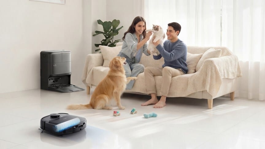eufy Omni C28 noir et sa station, dans une scène fabricant avec un chien et un chat.